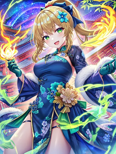 torino aqua, highres, ((1girl)), solo, blonde hair, green eyes, open mouth, smile, blue dress, china dress, blue_skirt, floral print, ponytail, hair flower, blue flower, blue bow, sky, ((blue gloves)), east asian architecture, night, (galaxy), (((green fire))), bamboo forest, <lora:torinoAquaStyleLora_v1:0.6>