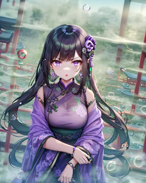 torino aqua, highres, (((1girl))), solo, black hair, ((purple eyes)), (((hair rings))), (green) AND purple chinese clothes, skull hair ornament, (((shaded face:1.2))), angry, open mouth, ((purple bubbles:1.2)), ((green fog:1.4)), ((east asian architecture)), white legwear, <lora:torinoAquaStyleLora_v1:0.6>