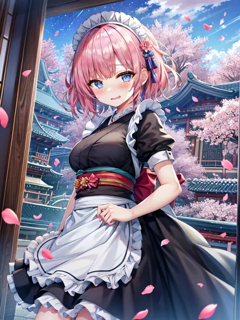 torino aqua, highres, 1girl, cowboy shot, pink hair, short hair, blue eyes, ((wa maid)), maid headdress, maid apron, ((short kimono:1.3)), short sleeves, looking at viewer, ((embarrassed)), (wavy mouth), blush, medium breasts, galaxy, stars, clouds, cherry blossoms, ((falling petals)), east asian architecture, <lora:torinoAquaStyleLora_v1:0.6>