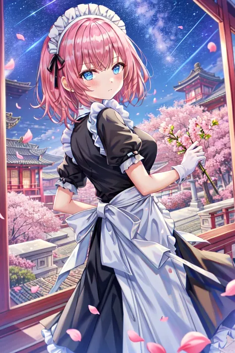 torino aqua, highres, 1girl, pink hair, short hair, blue eyes, (maid), maid headdress, maid apron, looking back, from behind, looking at viewer, light frown, ((glowing eyes)), medium breasts, white gloves, galaxy, stars, clouds, cherry blossoms, ((falling petals)), east asian architecture,<lora:torinoAquaStyleLora_v1:0.6>
