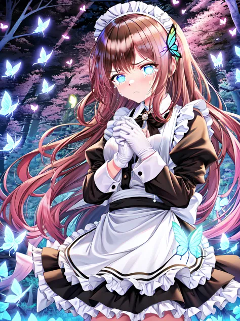 torino aqua, highres, ((1girl)), solo, (((two-tone hair))), pink hair AND (brown hair), long hair, maid, maid headdress, white gloves, medium breasts, blue eyes, ((glowing eyes)), angry, ((tears)), white bow, outdoors, (((own hands together))), frown, forest, ((night)), ((glowing butterfly)), <lora:torinoAquaStyleLora_v1:0.6>