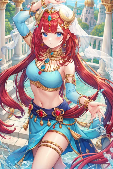 torino aqua, 1girl, armlet, bangs, blue eyes, blue skirt, blush, bracelet, breasts, brooch, genshin impact, hair ornament, harem outfit, highres, horns, jewelry, long hair, long sleeves, looking at viewer, medium breasts, neck ring, nilou (genshin impact), puffy long sleeves, puffy sleeves, red hair, sash, sidelocks, skirt, solo, thighs, torino aqua, veil, water,
<lora:torino_aqua:0.6>