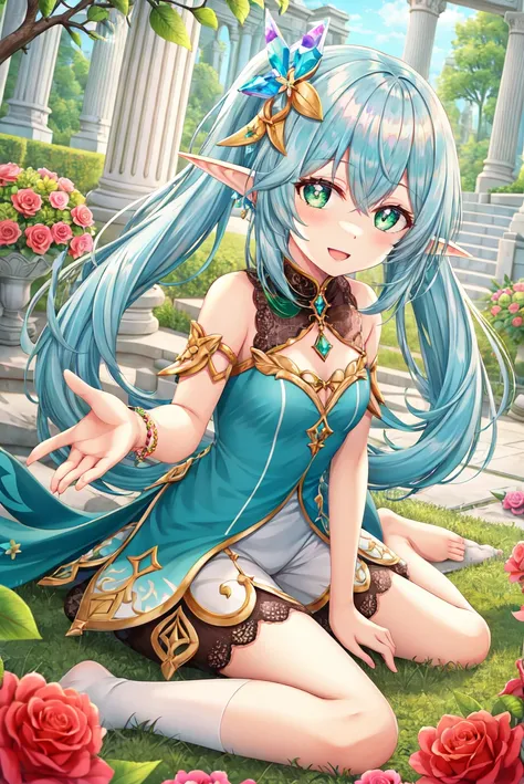 torino aqua, 1girl, :d, bangs, bare shoulders, bracer, branch, building, colored tips, commentary request, cross-shaped pupils, crossed bangs, crystal, crystalfly \(genshin impact\), detached sleeves, dot nose, dress, elf, feet, flower, flower request, gem, genshin impact, gradient hair, green eyes, green gemstone, green hair, hair ornament, highres, lace trim, leaf hair ornament, light blush, looking at viewer, multicolored hair, nahida \(genshin impact\), nature, no shoes, on floor, open mouth, outstretched hand, parted lips, pillar, pointy ears, red flower, rose, short dress, short sleeves, shorts, side ponytail, sidelocks, sitting, sleeveless, sleeveless dress, smile, socks, solo, stairs, stirrup legwear, symbol-shaped pupils, thighs, toeless legwear, toes, torino aqua, tree, two-tone dress, two-tone hair, water, waterfall, white dress, white flower, white hair, white shorts, white socks, yokozuwari,
<lora:torino_aqua:0.6>