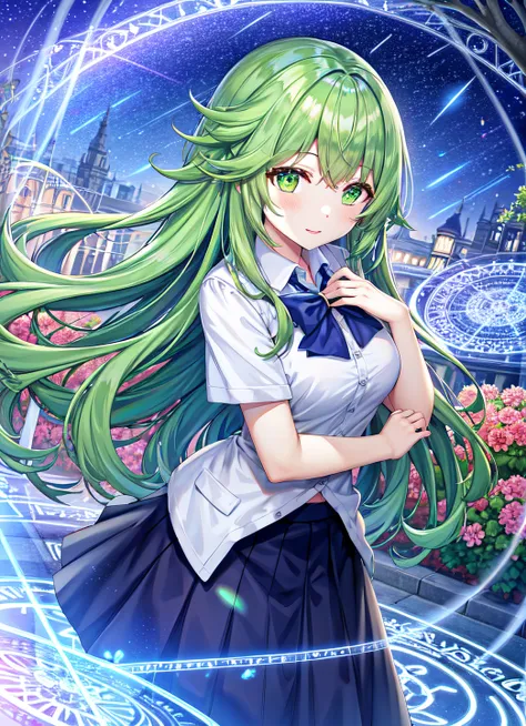 torino aqua, highres, 1girl,standing, green eyes, green hair, school uniform, long hair, straight hair, light smile, medium breasts, (magic circle:1.25), park, tree, flowers, night, shooting star, starry sky, galaxy, hand on own chest, <lora:torinoAquaStyleLora_v1:0.6>