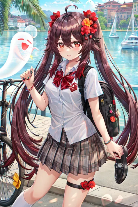 torino aqua, 1girl, ahoge, alternate costume, backpack, bag, bangs, bicycle, blush, boat, bow, bowtie, brown hair, building, electric fan, flower, genshin impact, ghost, ground vehicle, hair between eyes, hand fan, hat, highres, holding, holding fan, hu tao (genshin impact), jewelry, lake, long hair, looking at viewer, nail polish, red eyes, revision, school uniform, shirt, shoes, skirt, smile, solo, symbol-shaped pupils, thigh strap, torino aqua, twintails, watercraft,
<lora:torino_aqua:0.6>