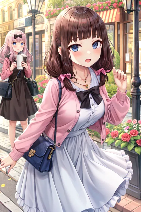 torino aqua, 2girls, bag, bangs, black bow, blue eyes, blunt bangs, blush, bow, breasts, brown dress, brown eyes, brown hair, bush, cafe, casual, chair, day, dress, flower, frilled dress, frills, fujiwara chika, hair bow, handbag, hands up, highres, holding, holding bag, iino miko, jacket, jewelry, kaguya-sama wa kokurasetai ~tensai-tachi no renai zunousen~, lamppost, lens flare, long hair, looking at viewer, low twintails, multiple girls, necklace, open mouth, outdoors, parted lips, pink hair, pink jacket, plant, rose, signpost, solo focus, storefront, table, torino aqua, tree, twintails, white dress,
<lora:torino_aqua:0.6>