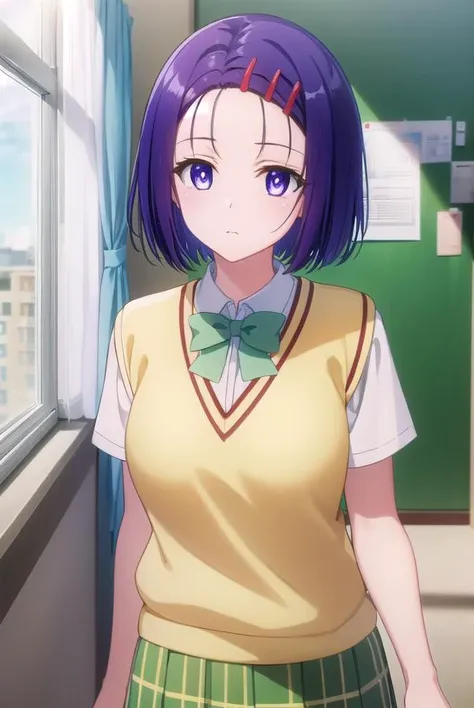 harunasairenji, <lora:haruna sairenji darkness-lora-nochekaiser:1>,
haruna sairenji, hair ornament, hairclip, (purple eyes:1.1), purple hair, short hair, swept bangs, (forehead:1.2),
BREAK green skirt, plaid, plaid skirt, sainan high school uniform, school uniform, skirt, sweater vest, (yellow sweater:1.3), short sleeves,
BREAK indoors, classroom,
BREAK looking at viewer, (cowboy shot:1.5),
BREAK <lyco:GoodHands-beta2:1>, (masterpiece:1.2), best quality, high resolution, unity 8k wallpaper, (illustration:0.8), (beautiful detailed eyes:1.6), extremely detailed face, perfect lighting, extremely detailed CG, (perfect hands, perfect anatomy),