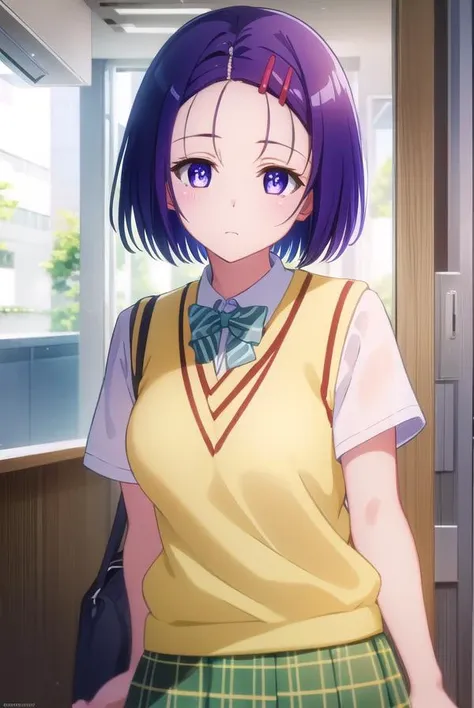 harunasairenji, <lora:haruna sairenji darkness-lora-nochekaiser:1>,
haruna sairenji, hair ornament, hairclip, (purple eyes:1.1), purple hair, short hair, swept bangs, (forehead:1.2),
BREAK green skirt, plaid, plaid skirt, sainan high school uniform, school uniform, skirt, sweater vest, (yellow sweater:1.3), short sleeves,
BREAK indoors, classroom,
BREAK looking at viewer, (cowboy shot:1.5),
BREAK <lyco:GoodHands-beta2:1>, (masterpiece:1.2), best quality, high resolution, unity 8k wallpaper, (illustration:0.8), (beautiful detailed eyes:1.6), extremely detailed face, perfect lighting, extremely detailed CG, (perfect hands, perfect anatomy),