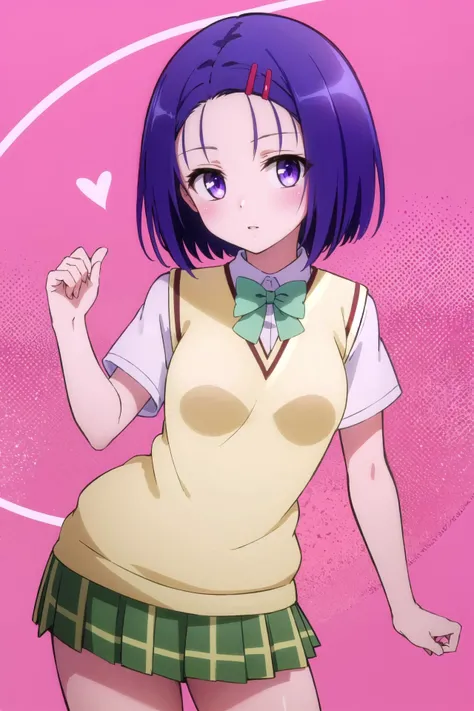 masterpiece, best quality,
1girl, solo,
<lora:haruna sairenji darkness-lora-nochekaiser:1> haruna sairenji, sairenji haruna, purple eyes, blue hair, purple hair, short hair, bob cut, swept bangs, forehead, sidelocks, hair ornament, hairclip, medium breasts,
sainan high school uniform, school uniform, shirt, white shirt, collared shirt, bowtie, green bowtie, short sleeves, sweater vest, yellow sweater, skirt, green skirt, pleated skirt, plaid skirt,
looking at viewer, cowboy shot, contrapposto,
blush, expressionless, parted lips, light smile,
curvy,
pink background, heart background,
