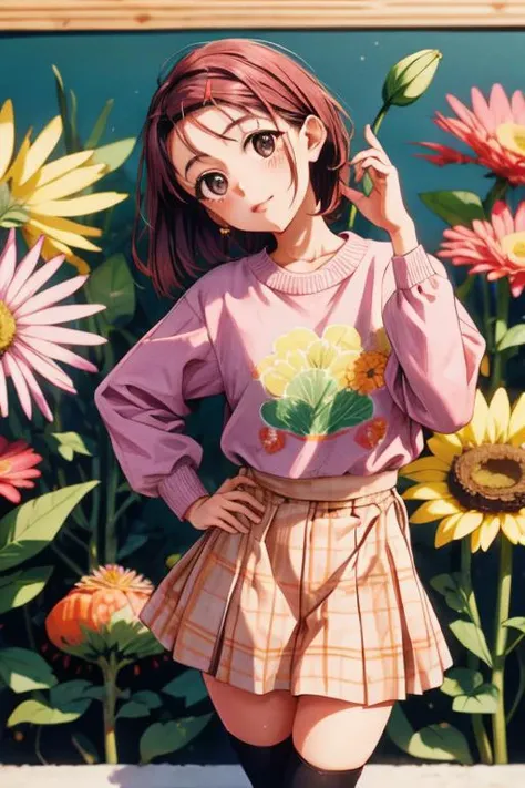 Haruna, Salmon cotton outfit, Magenta tights, with flowers, Slight head tilt pose, tilted position, doodle art <lora:beauty_eyes:0.7> <lora:add_detail:0.6> <lora:TUYA5:0.9> <lora:FilmVelvia2:0.5> <lora:harunasairenjitest:0.7>