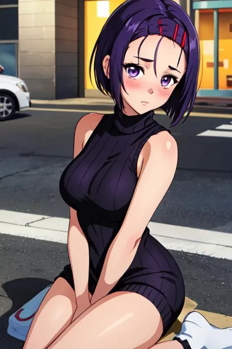 masterpiece,best quality,highres,1girl,solo,blush,large breasts,hair_band blue,black sweater dress,black virgin killer sweater,sleeveless,bare arms,street,looking at the viewer, <lora:harunasairenjitest:1>,HARUNA SAIRENJI, HAIR ORNAMENT, HAIRCLIP, (PURPLE EYES:1.1), PURPLE HAIR, SHORT HAIR, SWEPT BANGS, (FOREHEAD:1.2),