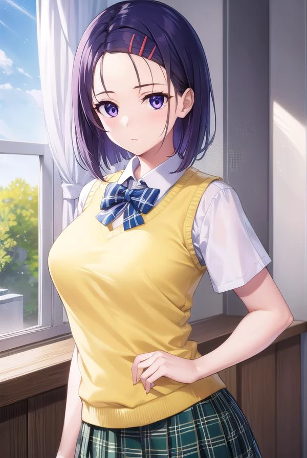 harunasairenji, <lora:harunasairenji-lora-nochekaiser:1>,
haruna sairenji, hair ornament, hairclip, (purple eyes:1.1), purple hair, short hair, swept bangs, (forehead:1.3),
BREAK green skirt, plaid, plaid skirt, sainan high school uniform, school uniform, skirt, sweater vest, (yellow sweater:1.3), short sleeves,
BREAK indoors, classroom,
BREAK looking at viewer, (cowboy shot:1.5),
BREAK <lyco:GoodHands-beta2:1>, (masterpiece:1.2), best quality, high resolution, unity 8k wallpaper, (illustration:0.8), (beautiful detailed eyes:1.6), extremely detailed face, perfect lighting, extremely detailed CG, (perfect hands, perfect anatomy),