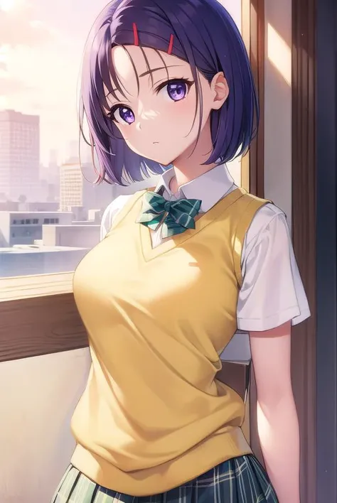 harunasairenji, <lora:harunasairenji-lora-nochekaiser:1>,
haruna sairenji, hair ornament, hairclip, (purple eyes:1.1), purple hair, short hair, swept bangs, (forehead:1.2),
BREAK green skirt, plaid, plaid skirt, sainan high school uniform, school uniform, skirt, sweater vest, (yellow sweater:1.3), short sleeves,
BREAK indoors, classroom,
BREAK looking at viewer, (cowboy shot:1.5),
BREAK <lyco:GoodHands-beta2:1>, (masterpiece:1.2), best quality, high resolution, unity 8k wallpaper, (illustration:0.8), (beautiful detailed eyes:1.6), extremely detailed face, perfect lighting, extremely detailed CG, (perfect hands, perfect anatomy),