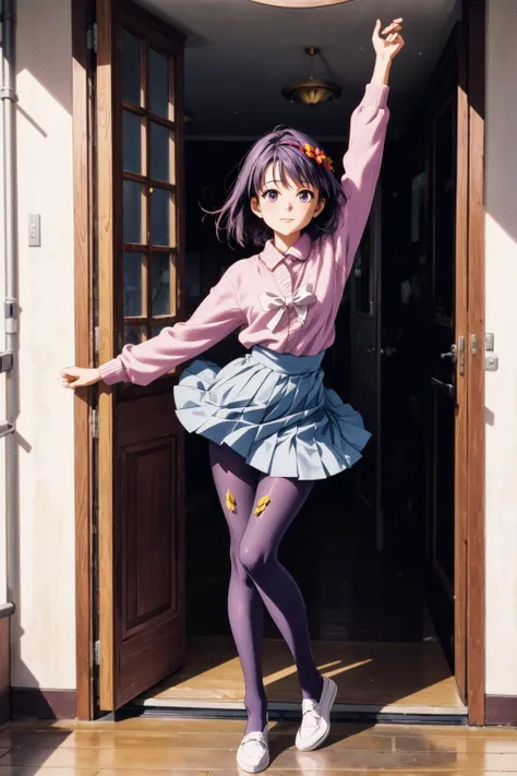 Haruna, Slate stripped outfit, Lilac tights, with flowers, Standing in the doorway pose, dancing, doodle art  <lora:beauty_eyes:0.7> <lora:add_detail:0.6> <lora:TUYA5:0.2>  <lora:FilmVelvia2:0.5>  <lora:harunasairenjitest:0.7>