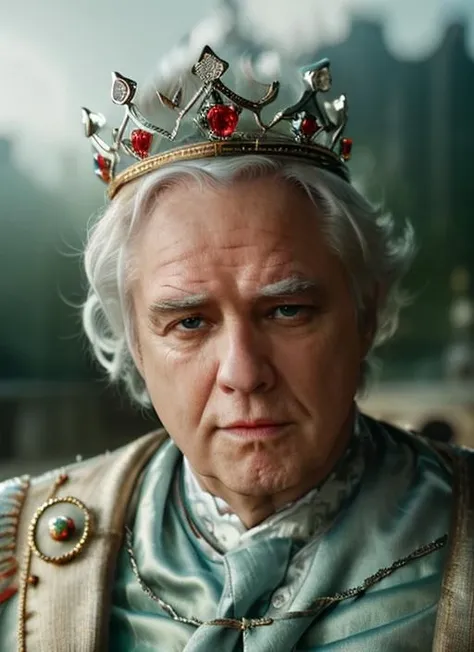 (<lora:MarlonBrandoOld:1>) ,a close up Portrait photo of (mbo1) man with white hair with spit curl, Detailed face, (perfect eyes), (highly detailed skin:1.1),   wearing a ((king's crown and royal outfit)), Modelshoot style, Professional Photography, soft lighting, PHOTOREALISTIC, Realistic, sci-fi ice planet background, blurred background, volumetric fog,. RAW, analog style, sharp focus, 8k, HD, DSLR, high quality, Fujifilm XT3, film grain, award winning, masterpiece,