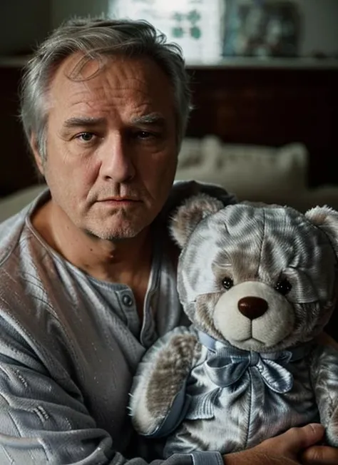 (<lora:MarlonBrandoOld:1>) ,a close up Portrait photo of (mbo1) man with grey hair, Detailed face, (perfect eyes), (highly detailed skin:1.1), wearing a ((Pajamas, Slippers, Teddy Bear, Thoughtful Expression, Dreamy Aura)), ((holding a teddy bear in his arms)) Modelshoot style, Professional Photography, soft lighting, PHOTOREALISTIC, Realistic, layin in bed, blurred background, volumetric fog,. RAW, analog style, sharp focus, 8k, HD, DSLR, high quality, Fujifilm XT3, film grain, award winning, masterpiece,