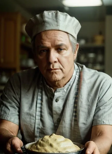 (<lora:MarlonBrandoOld:1>) ,a close up Portrait photo of (mbo1) man with grey hair, Detailed face, (perfect eyes), (highly detailed skin:1.1), wearing a ((Short-Sleeved Chef's Shirt, Baker's Cap, Flour Sifter, Pastry Cutter, Dough Scraper)), Modelshoot style, Professional Photography, soft lighting, PHOTOREALISTIC, Realistic, standing in a kitchen, blurred background, volumetric fog,. RAW, analog style, sharp focus, 8k, HD, DSLR, high quality, Fujifilm XT3, film grain, award winning, masterpiece,