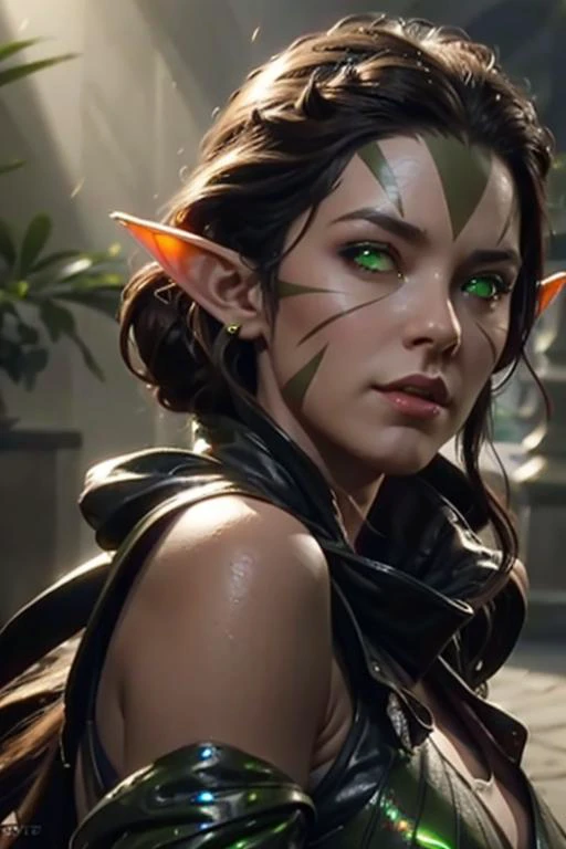 Nissa Revane, brown hair, green eyes, pointy ears, druid, psychedelic organic cyborg, holographic plastic, dramatic lighting, fantasy, intricate, elegant, highly detailed, lifelike, photorealistic, digital painting, artstation, illustration, smooth, sharp focus, art by john collier, (extremely detailed CG unity 8k wallpaper), trending on ArtStation, trending on CGSociety, High Detail, Sharp focus, dramatic, photorealistic, looking at viewer, smooth, sharp focus, cinematic lighting, artstation, concept art, photorealistic, elegant, magical girl,