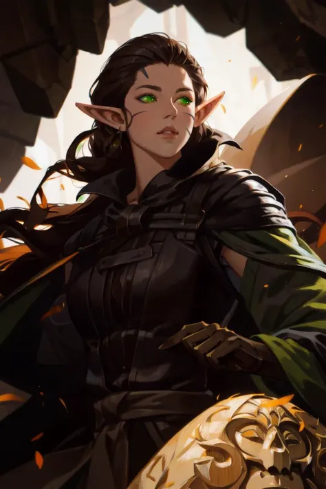 <lora:NissaV1-16:0.7>, Nissa Revane, brown hair, green eyes, pointy ears, druid, masterpiece, best quality, highest quality, cinematic lighting, (volumetric lighting), extremely detailed CG unity 8k wallpaper, focused, 8k wallpaper, 4k wallpaper, extremely detailed, ultra realistic, photorealistic, sharp focus, absurdres, (HDR:1.2), (high contrast), photograph, detailed and intricate, highly detailed, digital painting, artstation, concept art, smooth, sharp focus, illustration, cinematic lighting,  (upper body, spread legs)