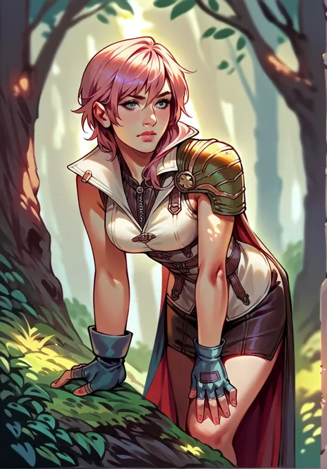 score_9,score_8_up,score_7_up,score_6_up,score_5_up,score_4_up ,witchyaesthetic,realistic,blurry background, rating_questionable, forest, bending over, <lora:ffxiii_lightning_ponyXL:0.8> lightningfarron, sleeveless jacket, shoulder armor, cape, fingerless gloves, skirt, <lora:WD-MAnon-XLV3:0.8>,