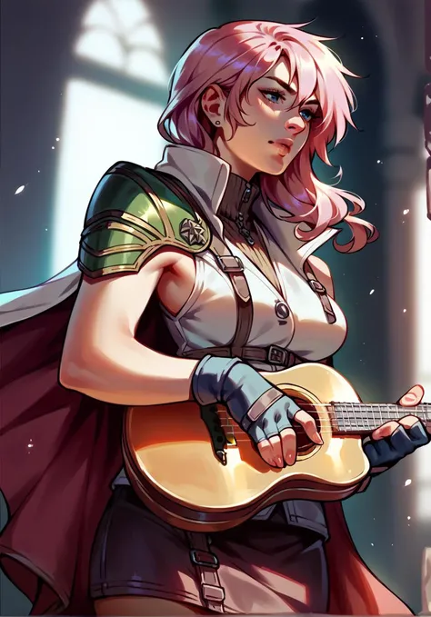 score_9,score_8_up,score_7_up,score_6_up,score_5_up,score_4_up ,witchyaesthetic,realistic,blurry background, dutch angle, holding instrument, <lora:ffxiii_lightning_ponyXL:0.8> lightningfarron, sleeveless jacket, shoulder armor, cape, fingerless gloves, skirt, <lora:WD-MAnon-XLV3:0.8>,