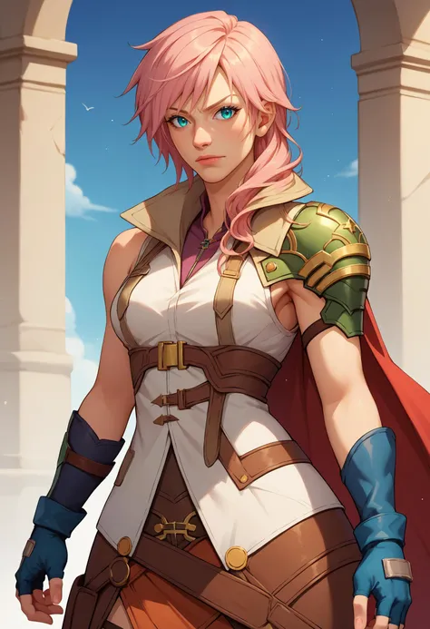 score_9,score_8_up,score_7_up,score_6_up,score_5_up,score_4_up ,witchyaesthetic,realistic,blurry background, oasis, looking to the side, <lora:ffxiii_lightning_ponyXL:0.8> lightningfarron, sleeveless jacket, shoulder armor, cape, fingerless gloves, skirt, <lora:Tottotonero-v1-PDXL:1>,