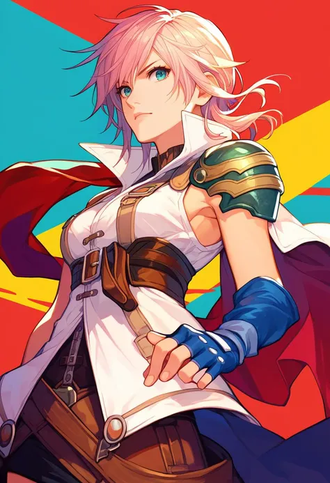 score_9, score_8_up, score_7_up, source_anime, rating questionable, making eye contact, <lora:ffxiii_lightning_ponyXL-04:.95> lightningfarron, sleeveless jacket, shoulder armor, cape, fingerless gloves, skirt