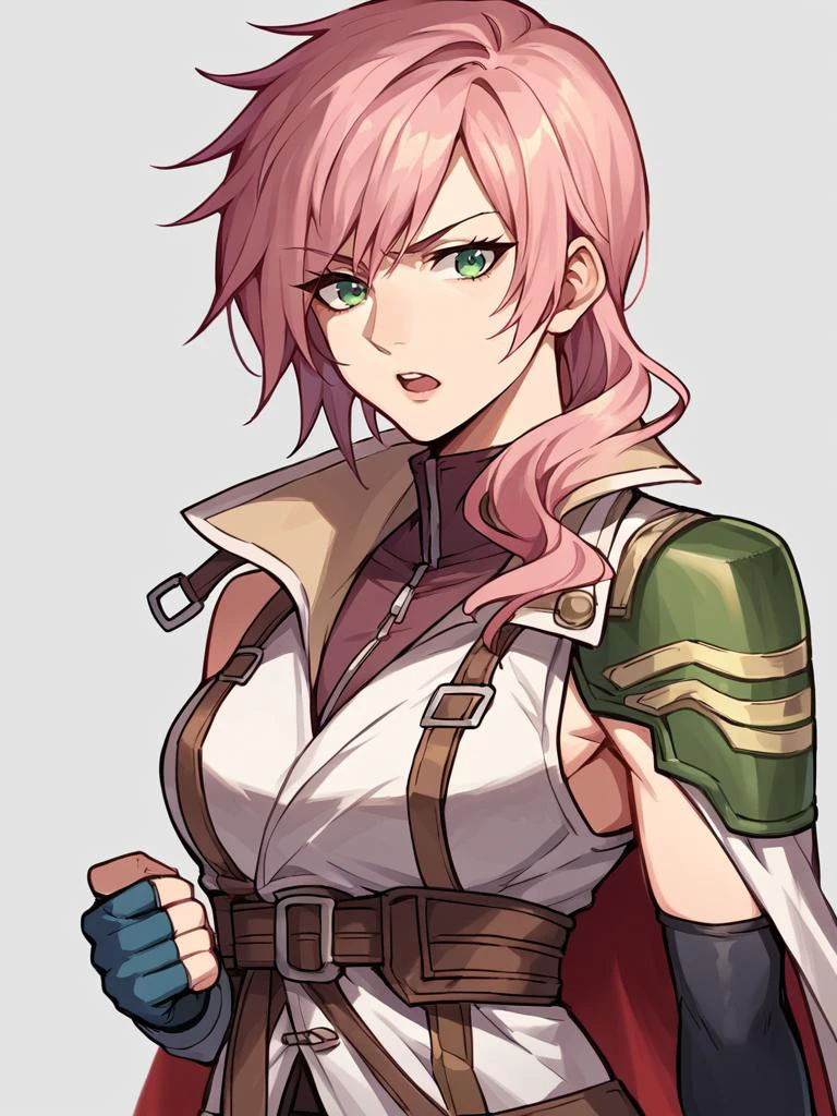 score_9, score_8_up, score_7_up, score_6_up, score_5_up, score_4_up, source_anime, BREAK
1girl, cape, elbow gloves, fingerless gloves, green eyes, lightningfarron, sleeveless jacket
disappointed, open_mouth, looking at viewer,
<lora:ffxiii_lightning_ponyXL:1>