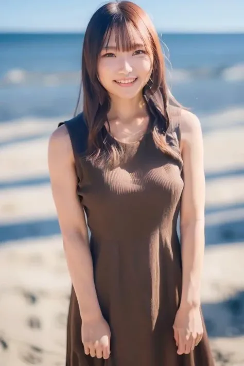 1girl, (wearing a sleeveless dress:1.6),(RAW photo, best quality), (realistic, photo-realistic:1.4), masterpiece, an extremely delicate and beautiful, extremely detailed, 2k wallpaper, Amazing, finely detail, extremely detailed CG unity 8k wallpaper, ultra-detailed, highres, soft light, beautiful detailed girl, extremely detailed eyes and face, beautiful detailed nose, beautiful detailed eyes,cinematic lighting,(on the beach:2.0),perfect anatomy,(slender body:1.6),laugh,(close up:1.8),(open eyes:1.4),(look at viewer),(front view:1.0),cinematic angle,(wavy  hair), (brown eyes:1.8),(cleavage:0.8),(standing:1.8),   <lora:kusumirin_lora-01:0.8>