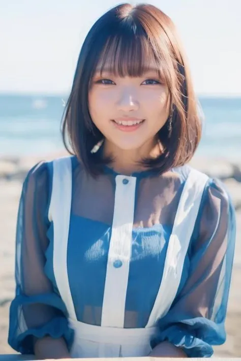 1girl, (wearing a blue sheer top and white under:1.6),(RAW photo, best quality), (realistic, photo-realistic:1.4), masterpiece, an extremely delicate and beautiful, extremely detailed, 2k wallpaper, Amazing, finely detail, extremely detailed CG unity 8k wallpaper, ultra-detailed, highres, soft light, beautiful detailed girl, extremely detailed eyes and face, beautiful detailed nose, beautiful detailed eyes,cinematic lighting,(on the beach:2.0),perfect anatomy,(slender body:1.6),smiling,(upper body:1.8),(open eyes:1.4),(look at viewer),(face front:2.0),(front view:2.0),cinematic angle,(wavy  hair), (brown eyes:1.8),(cleavage:0.8),(standing:1.8),   <lora:kusumirin_lora-01:0.8>