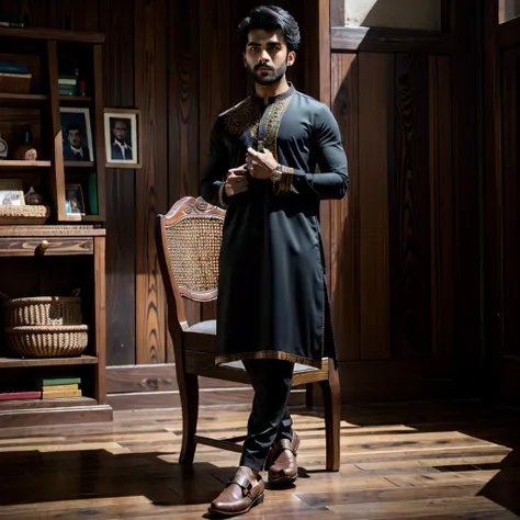 xyzsankurta, (highly detailed:1.3), 1boy, solo,(full body:1.3), Ultra-detail, (highres:1.1), best quality,(masterpiece:1.3),chair, cinematic lighting, (highly detailed face and eyes:1.3), kurta, shoe, <lora:xyzsankurta:.8>