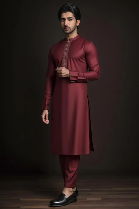 xyzsankurta, (highly detailed:1.3), 1boy, solo, (full body:1.3), Ultra-detail, (highres:1.1), best quality, (masterpiece:1.3), cinematic lighting, (highly detailed face and eyes:1.3), maroon kurta, shalwar, shoe, <lora:xyzsankurta:.8>