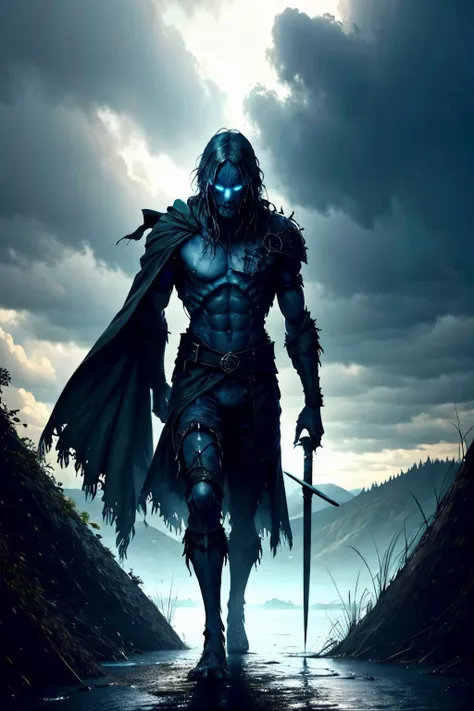 man, dark, sword, cloud, 1boy, 1other, scenery, <lora:EdobMonsterMale2_v2.0:0.8>