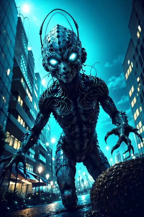 man, antennae, glowing, city, underwater, kaijuu, looking_at_viewer, <lora:EdobMonsterMale2_v2.0:0.8>