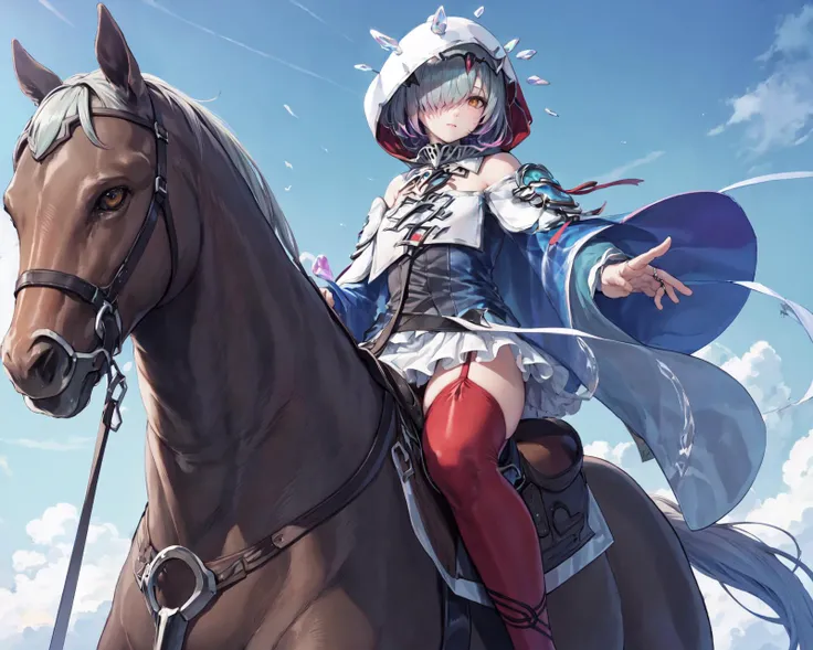 from below, <lora:kvasirV1:0.9>,def_kvasir,hair over one eye ,(horse,riding a horse,saddle,reins:1.2),red thighhighs, red thigh boots, bare shoulders,dress, floating gem, hood, garter straps,  wide sleeves,cloak, bridal gauntlets, gradient clothes, long sleeves, detached sleeves, short dress, gloves,detached collar, thighs, zettai ryouiki,frilled skirt, blue dress,outdoors,(masterpiece, best quality, ultra-detailed, best shadow)