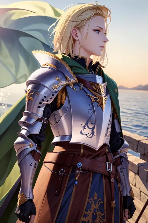 (masterpiece:1.2), (best quality:1.2), perfect eyes, perfect face, perfect lighting, 1girl, a mature female noble knight watching the horizon from the top of a cliff, tall, muscular, short hair, pompadour cut, blonde hair, detailed armor, pauldrons, tabard, cloak, rich, noble, gauntlets, fantasy, detailed outdoor background, blue eyes, from the side <lora:adventurers_v1:1>