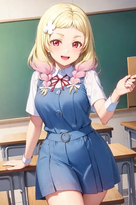 o_natsumi_, (masterpiece:1.2), (best quality:1.2), (ultra-detailed),   <lora:epoch-000006:1>
1girl, solo,  short hair,  cuff, (Beatrice),
(illustration:1.1),(best quality),(masterpiece:1.1),(beautiful and clear background:1.25),(extremely detailed CG unity 8k wallpaper:1.1), (colorful:0.9),(depth of field:0.75),( ink splashing:0.95),(color splashing:0.85),(watercolor:0.65),
(cowboy shot:1.4),blue (school uniform:1.4), :d,  dress, earrings,looking_at_viewer, neck_ribbon, smile,
classroom, indoor, sunny, detailed blue sky