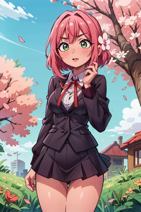 <lora:more_details:0.5>, <lora:karane-hakari-09:0.7> , hakari_wz, pink hair, medium hair,hair ornament, hair flower, green eyes,school uniform, black skirt, miniskirt, pleated skirt, black jacket, white shirt,collared shirt, long sleeves, neck ribbon,ribbon, thighs, large breasts, cherry blossoms, tree, :), light blush, wind, beautiful, 1girl, (masterpiece:1.3), (high resolution), (8K), (extremely detailed), (4k), (pixiv), perfect face, nice eyes and face, (best quality), (super detailed), detailed face and eyes, (solo), textured skin, absurdres, highres