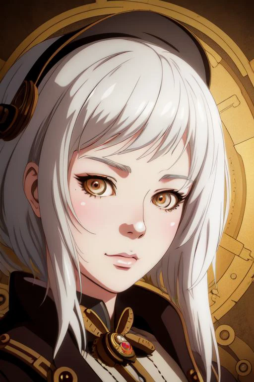 masterpiece, best quality, masterpiece, portrait Anime girl steampunk, cute-fine-face, white-hair pretty face, realistic shaded Perfect face, fine details. Anime, steampunk, bioshock. realistic shaded lighting by Ilya Kuvshinov and Gustav Klimt