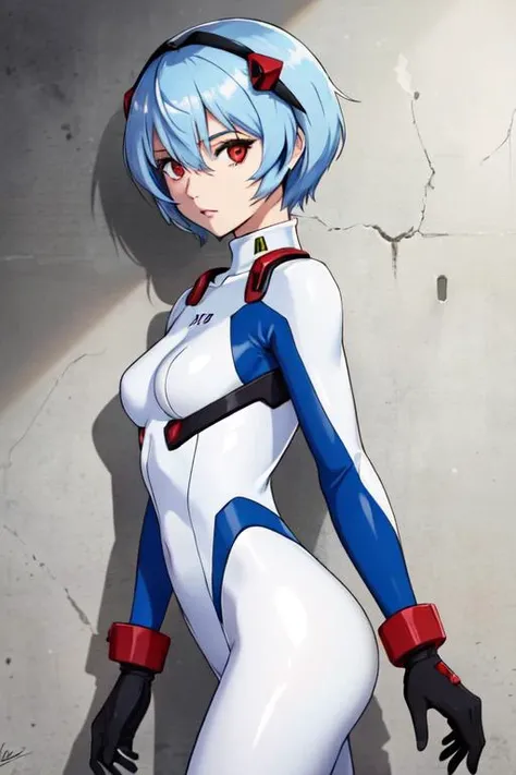 ayanami rei, 1girl, solo, breasts, looking at viewer, short hair, bangs, hair ornament, red eyes, gloves, hair between eyes, medium breasts, closed mouth, blue hair, standing, cowboy shot, small breasts, parted lips, signature, from side, head tilt, looking to the side, bodysuit, shadow, turtleneck, headgear, expressionless, pale skin, skin tight, science fiction, pilot suit, bracer, against wall, plugsuit, wall, ruins, 1990s \(style\), white bodysuit, skinny, crack, interface headset