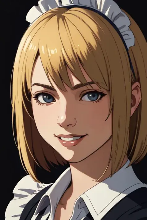 masterpiece,best quality, portrait of female wearing japanese maid outfit,photorealistic,greg rutkowski,wlop,alphonse muncha,close up face,camera,facing at camera, medium bob hair,smile,makoto shinkai color tones,russian girl,blonde