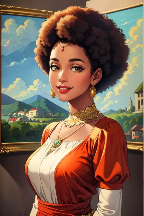 ((best quality)), ((masterpiece)), ((realistic)), vintage Afro-Caribbean woman, elegant attire, 1950s fashion, radiant smile, confident stance, cultural pride, (oil painting:1.2), (Lois Mailou Jones:1.1), (Kadir Nelson:1.1), vivid colors, nostalgic background, authentic vintage feel, (portrait composition:1.3), (high-resolution:1.2)