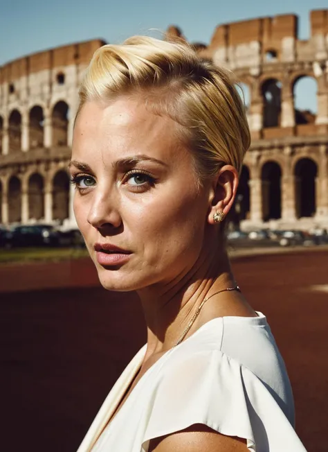 portrait of ((sks woman)) by Flora Borsi in rome, in front of coloseum style by Flora Borsi, bold, bright colours, blonde haircut, ((Flora Borsi)) by Gregory Crewdson <lora:locon_kaleycuoco_v1_from_v1_64_32:1>