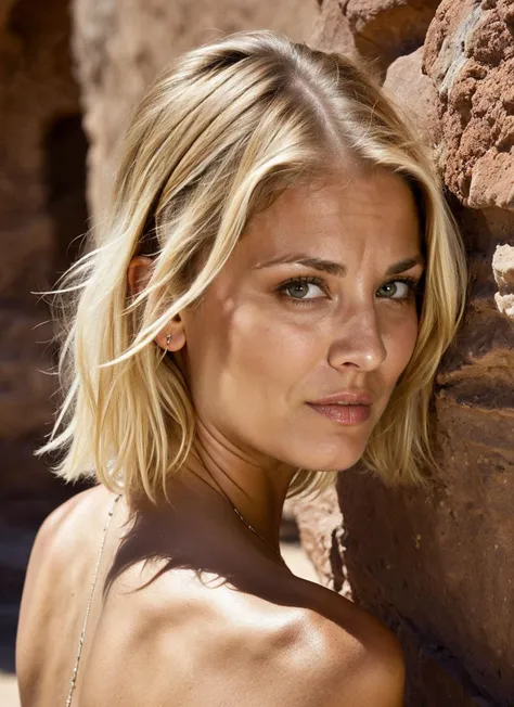 portrait of ((sks woman)) by Flora Borsi in jordan, at the petra style by Flora Borsi, bold, bright colours, blonde haircut, ((Flora Borsi)) by Edward Weston <lora:locon_kaleycuoco_v1_from_v1_64_32:1>