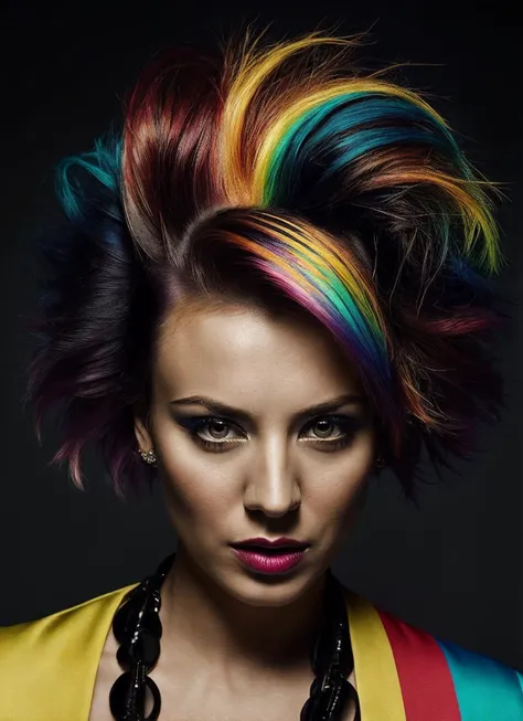 portrait of sks woman by Flora Borsi, style by Flora Borsi, bold, bright colours, rainbow Mohawk haircut, ((Flora Borsi)), <lora:locon_kaleycuoco_v1_from_v1_64_32:1>