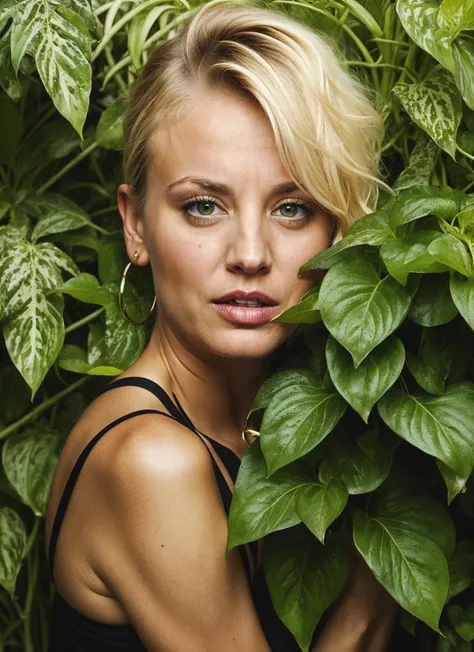 portrait of ((sks woman)) by Flora Borsi in babylon, hanging gardens style by Flora Borsi, bold, bright colours, blonde haircut, ((Flora Borsi))  by Henri Cartier-Bresson  <lora:locon_kaleycuoco_v1_from_v1_64_32:1>