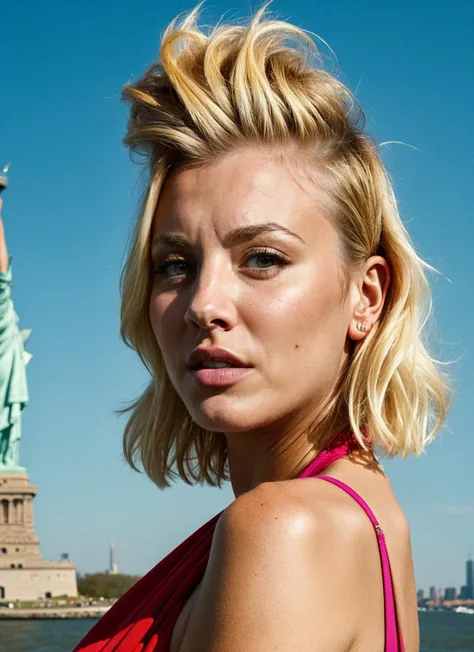 portrait of ((sks woman)) by Flora Borsi in new york, statue of liberty in background style by Flora Borsi, bold, bright colours, blonde haircut, ((Flora Borsi)) by Tim Walker <lora:locon_kaleycuoco_v1_from_v1_64_32:1>