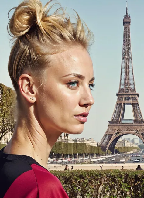 portrait of ((sks woman)) by Flora Borsi in paris, eiffel tower in the background style by Flora Borsi, bold, bright colours, blonde haircut, ((Flora Borsi)) by Tim Walker <lora:locon_kaleycuoco_v1_from_v1_64_32:1>