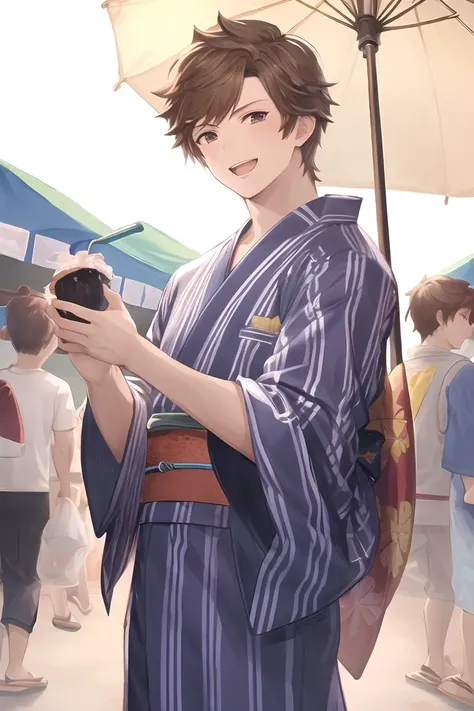 masterpiece, best_quality, clear details,gran,(1boy:1.33), solo,summer festival,brown_hair,male_focus, blue yukata, beautiful lighting,