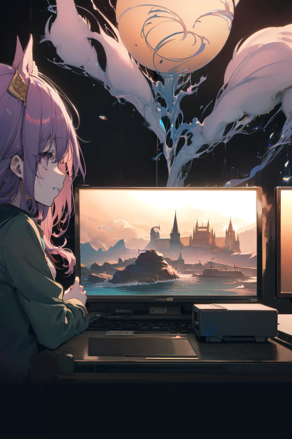 fantastical, surreal, Hyper detailed illustration. close-up, cat girl otaku (female anime character otaku wearing fur coat and head dress.) smiling foolishly, surrounded with game gear in a dark room.